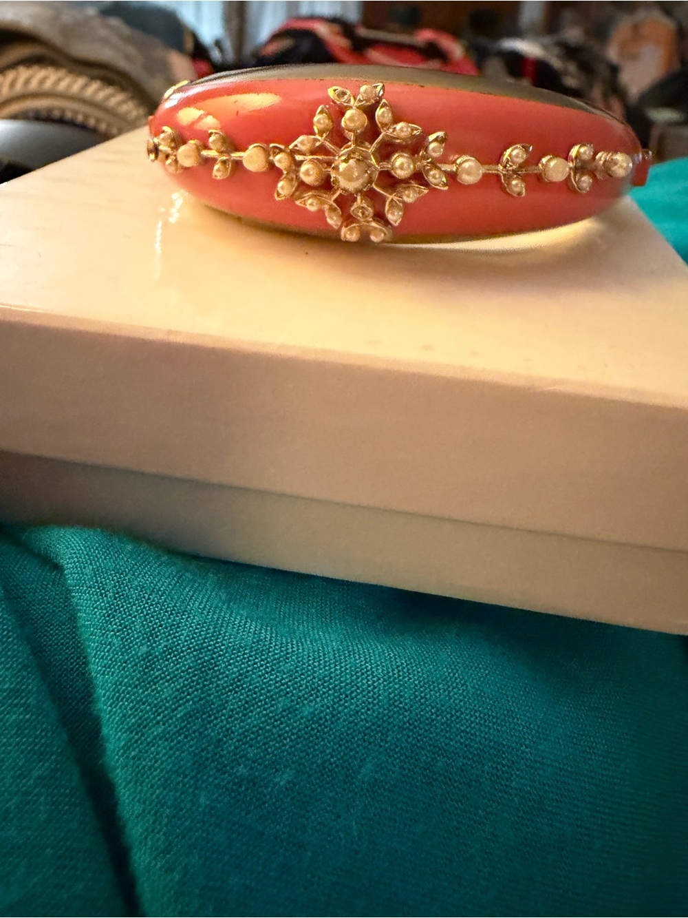 Coral Pink Gold Floral Double Hinge Cuff Bracelet
